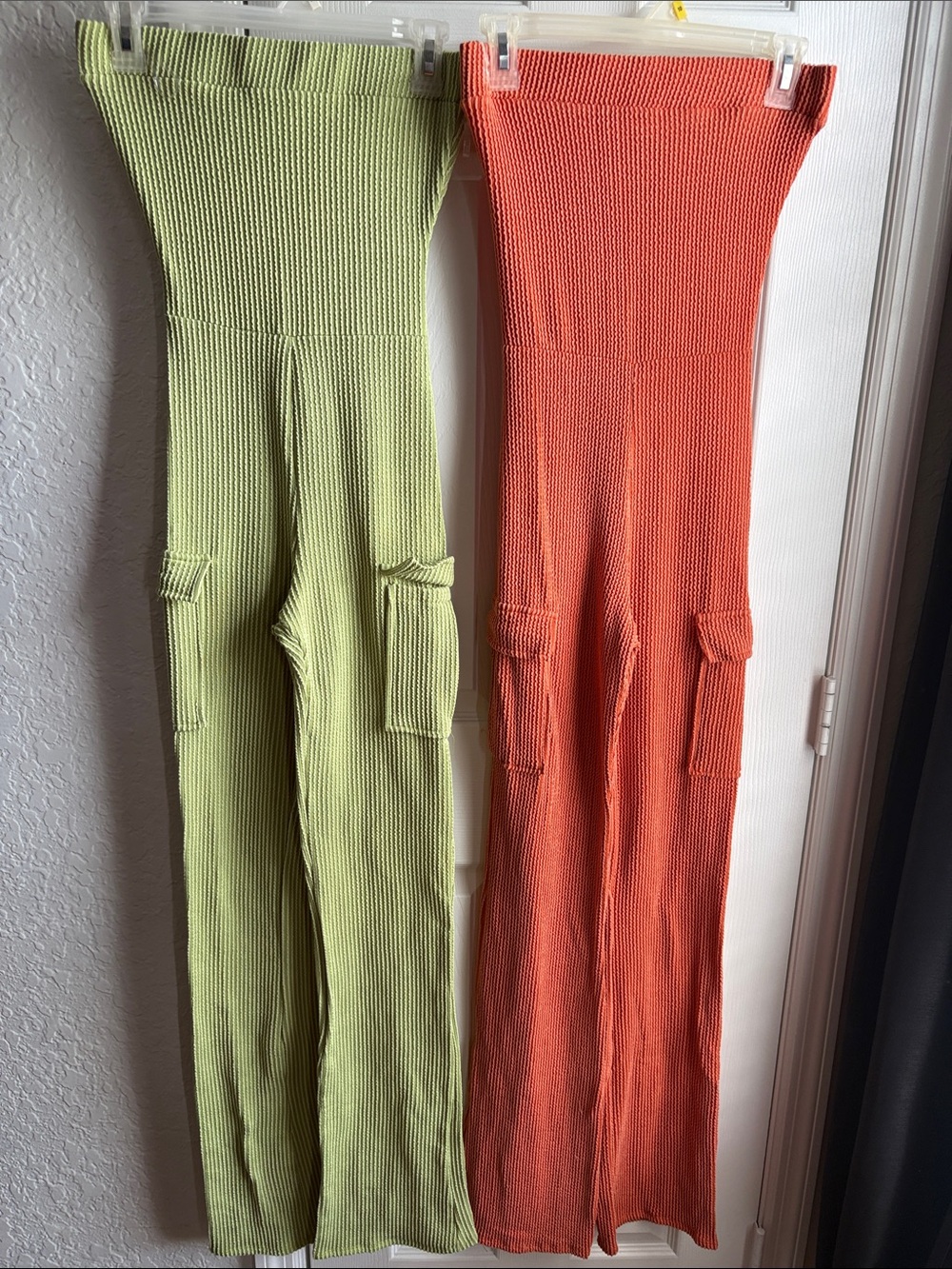 Ribbed Knit Wide-Leg Jumpsuit - Lime Green & Coral -Set of 2